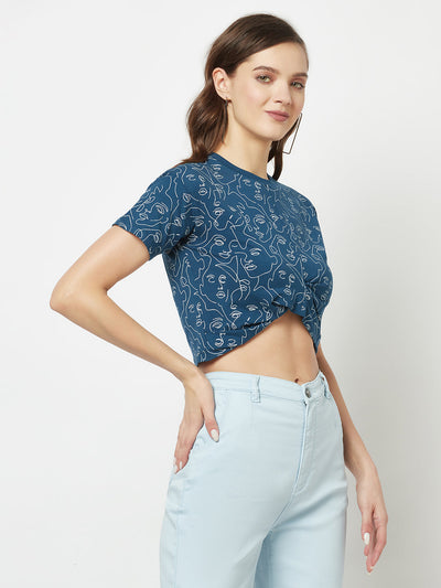  Blue Cropped One-Line Art Top