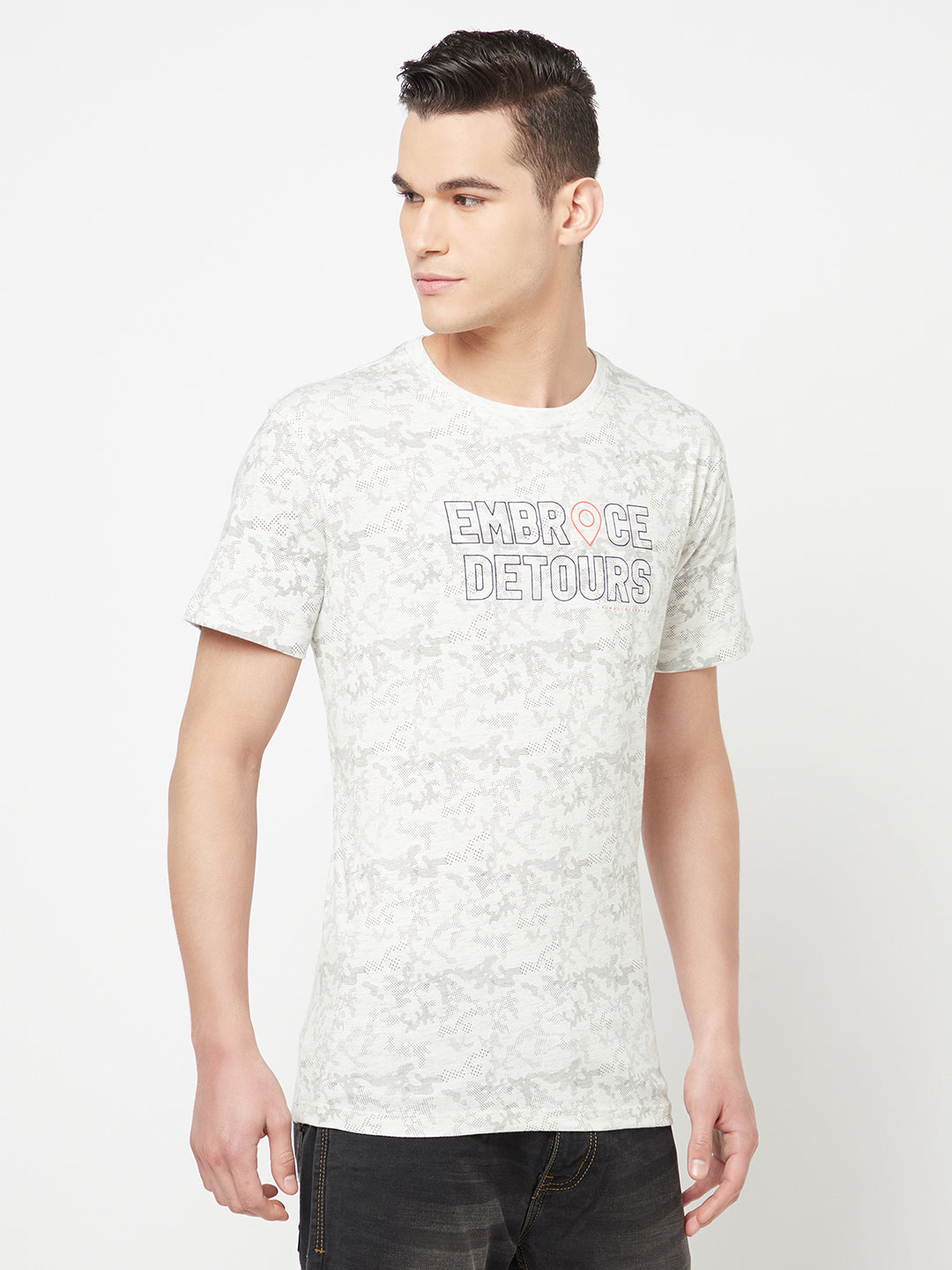White Printed Round Neck T-Shirt - Men T-Shirts