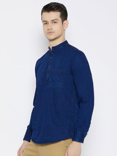 Navy Blue Slim Fit Denim Kurta - Men Kurtas
