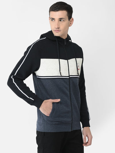  Navy Blue Colour-Blocked Zipper Sweatshirt 