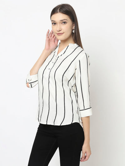 White Henley Collar Top in Stripes
