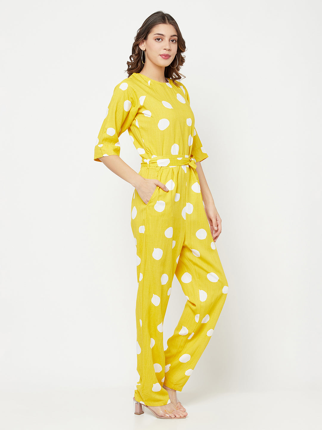 Yellow Polka Dot Printed Jumpsuit - Women Jumpsuits