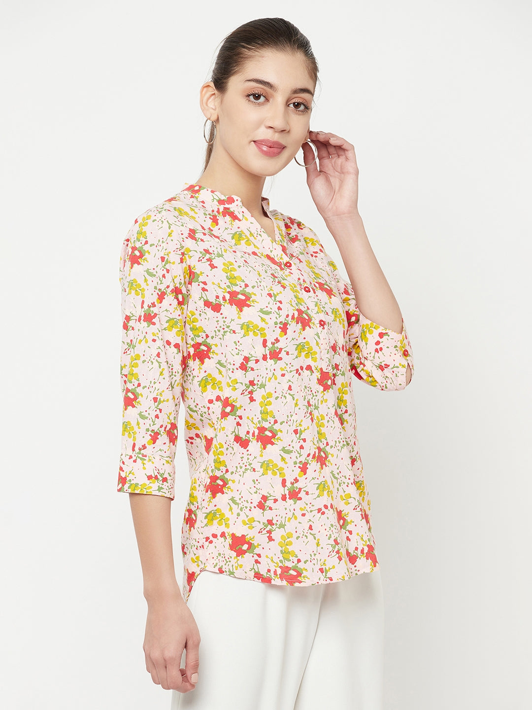 Multi-Coloured Floral Printed V-Neck Top - Women Tops