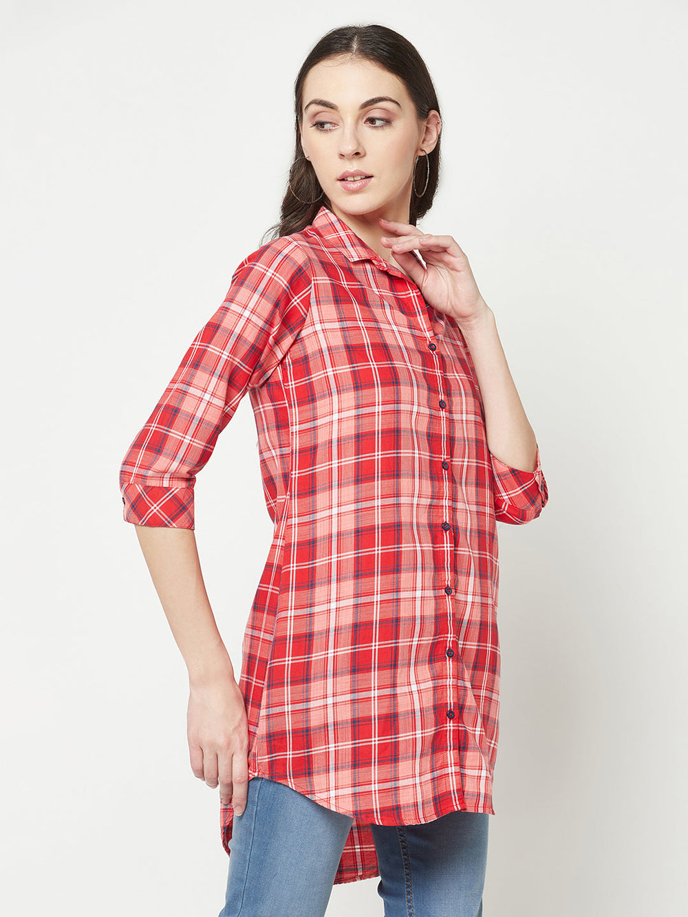  Red Checked Longline Shirt