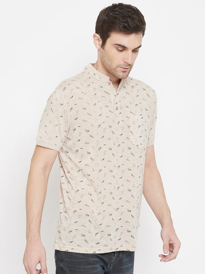 Beige Printed Mandarin Neck T-Shirt - Men T-Shirts