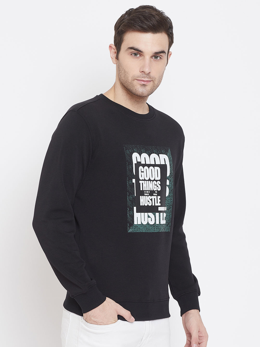 Black Printed Round Neck Sweatshirt - Men Sweatshirts