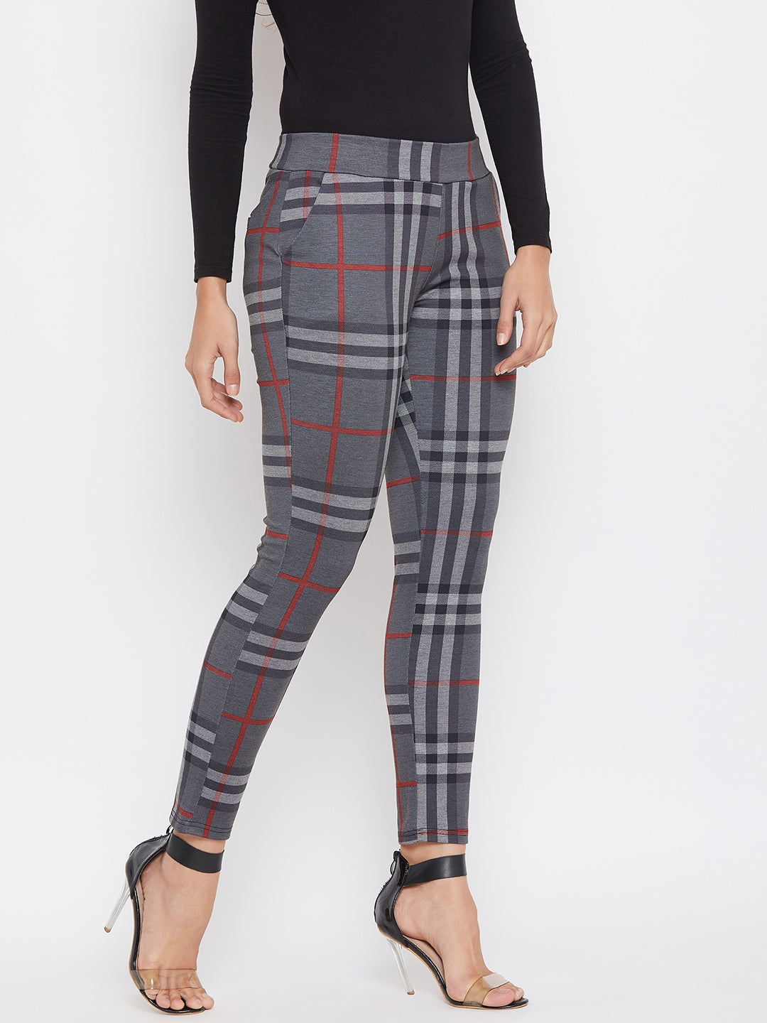 Plain Checked Skinny fit Pants - Women Trousers