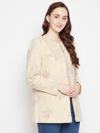 Beige Floral Round Neck Blazer-Women Blazer-Crimsoune Club