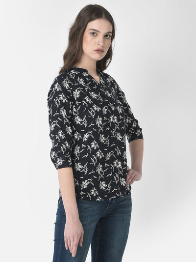  Navy-Blue High-Low Floral Shirt