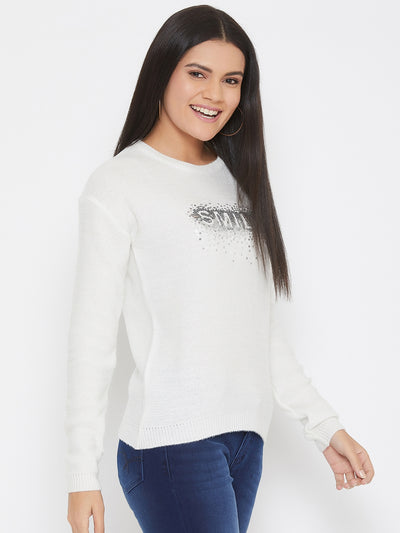 White Self Design Round Neck Sweater - Women Sweaters
