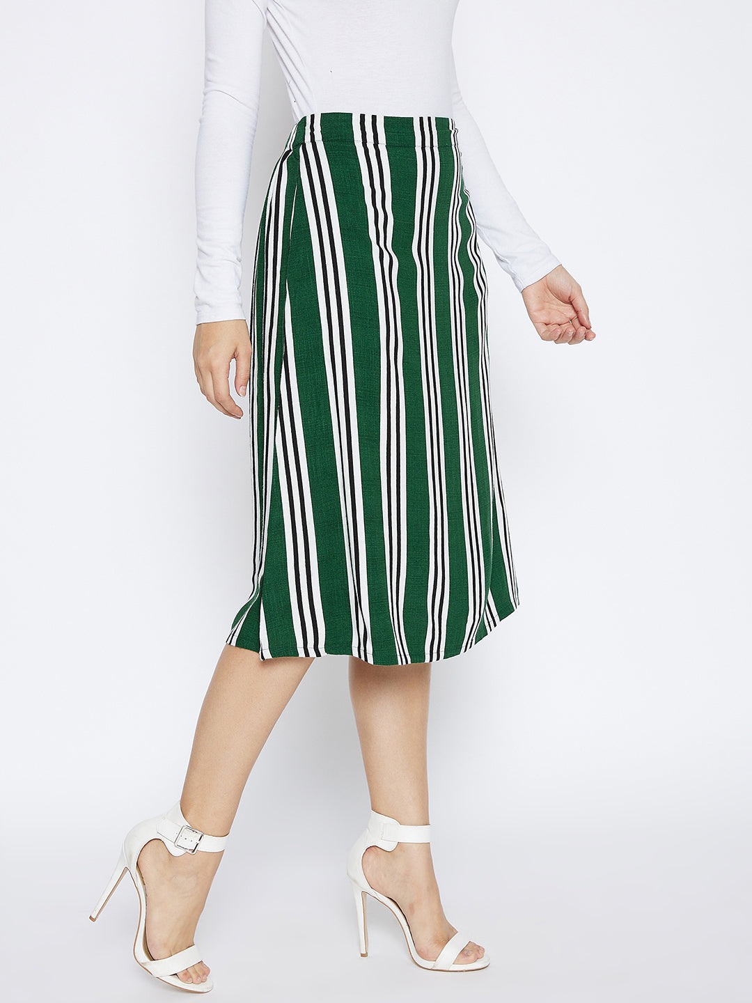 Green Striped Comfort Fit Skirt - Women Skirts
