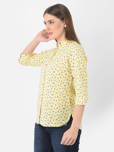 Yellow Floral Printed Linen Mandarin Collar Shirt - Women Shirts