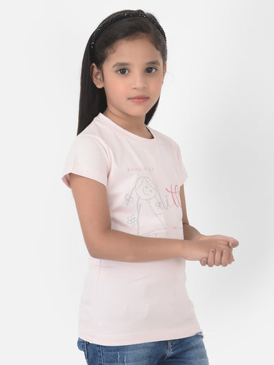 Light Pink Printed Round Neck T-Shirt - Girls T-Shirts