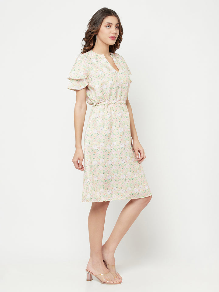 Beige Floral Printed V-Neck Dress - Women Dresses