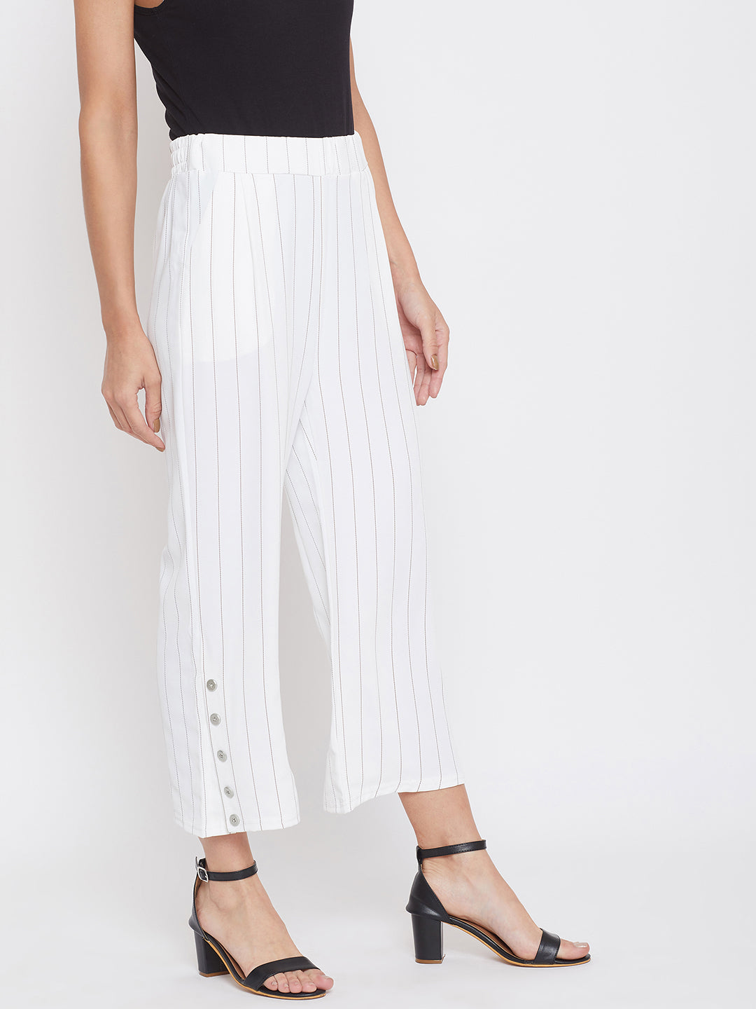 White Striped Flared Cotton Trousers - Women Trousers