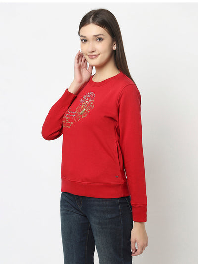 Red Pull-Over Style Sweatshirt with Graphic Print 