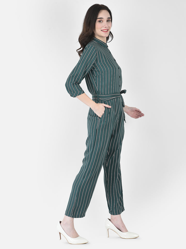 Viridian Green Striped Jumpsuit - Women Dungarees