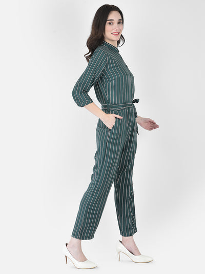 Viridian Green Striped Jumpsuit - Women Dungarees