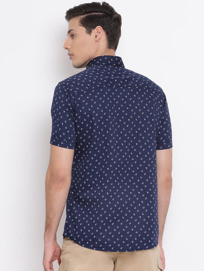 Navy Blue Printed Spread Collar Slim Fit Shirt - Men Shirts