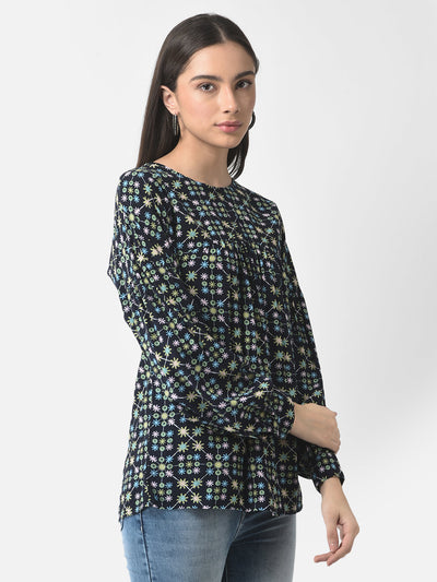  Navy Blue Abstract Print Top