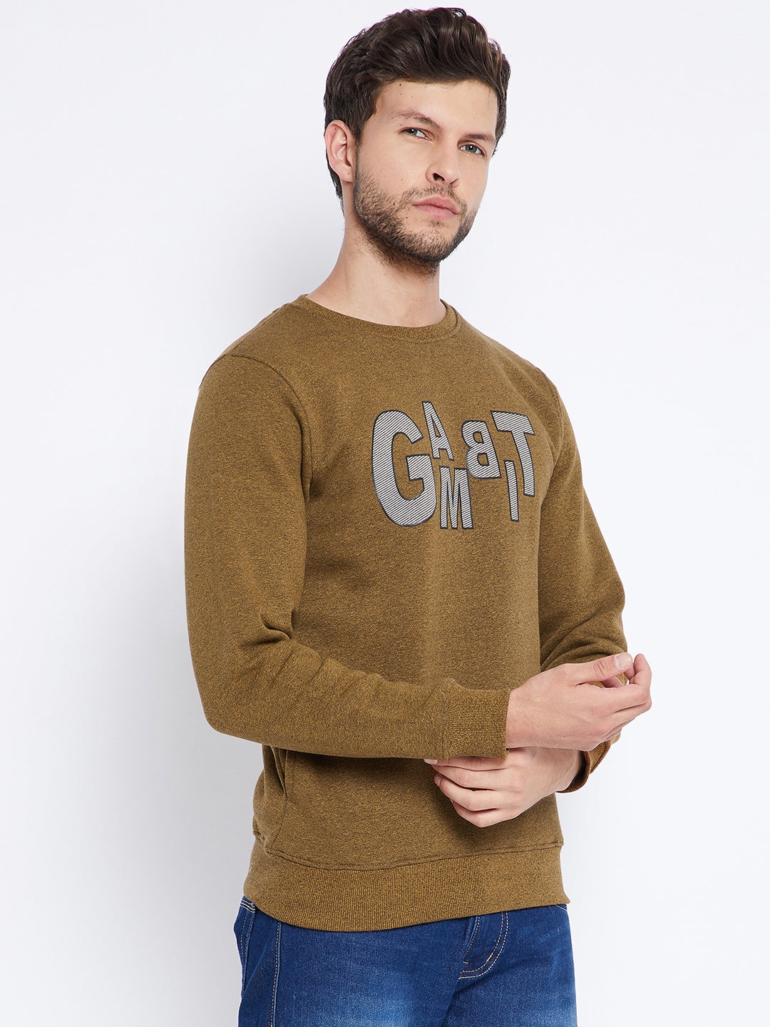 Mustard Printed Round Neck Sweatshirt - Men Sweatshirts