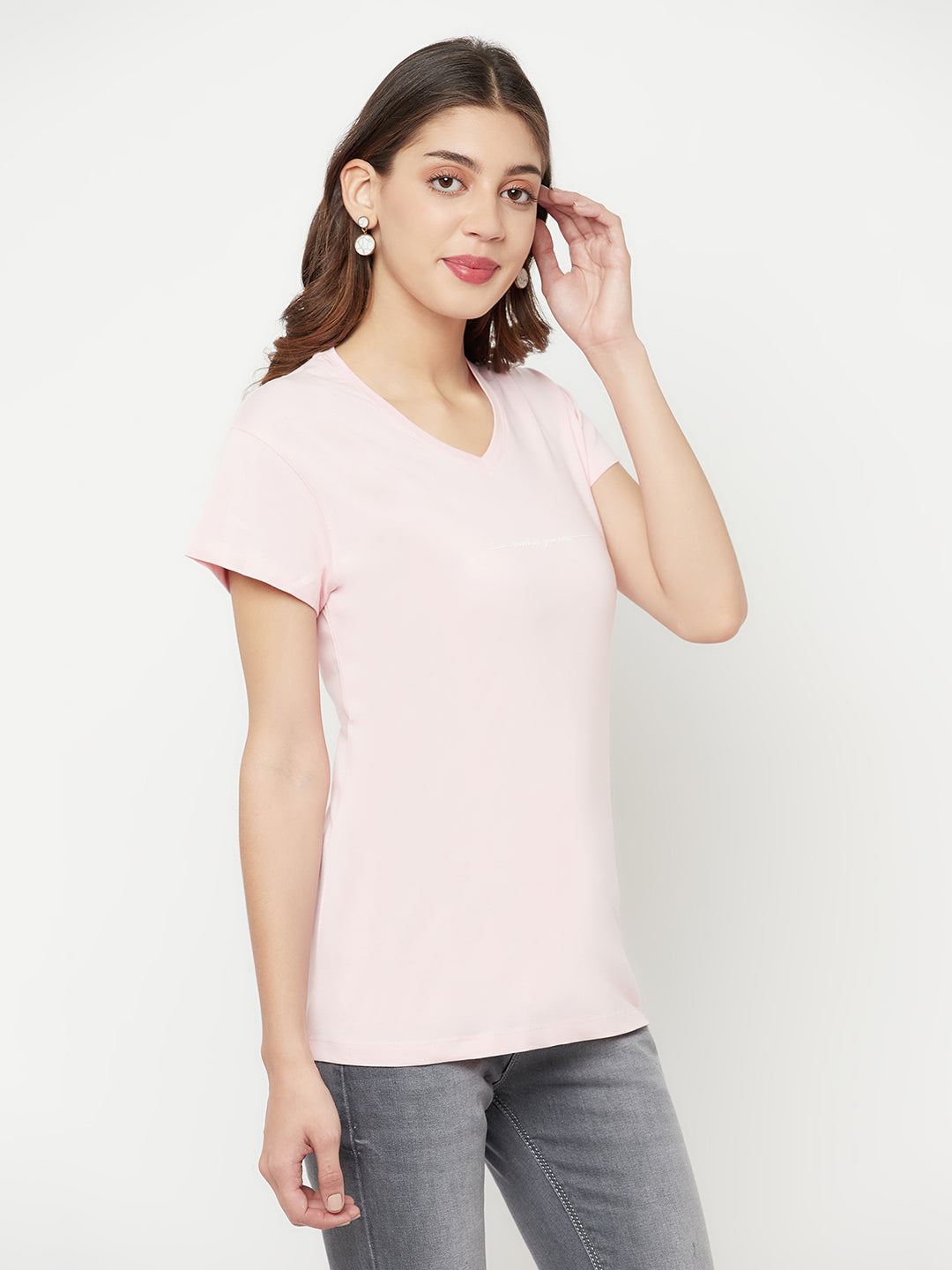 Light Pink Printed V-Neck T-Shirt - Women T-Shirts