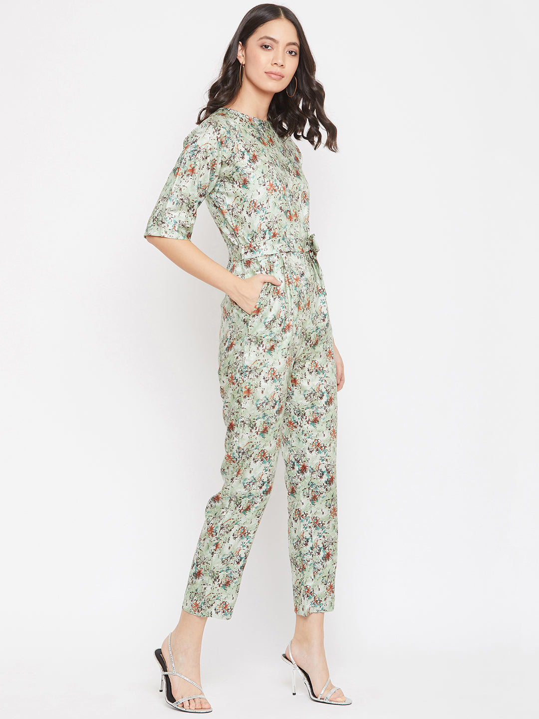 Green Printed Round Neck Jumpsuits - Women Jumpsuits