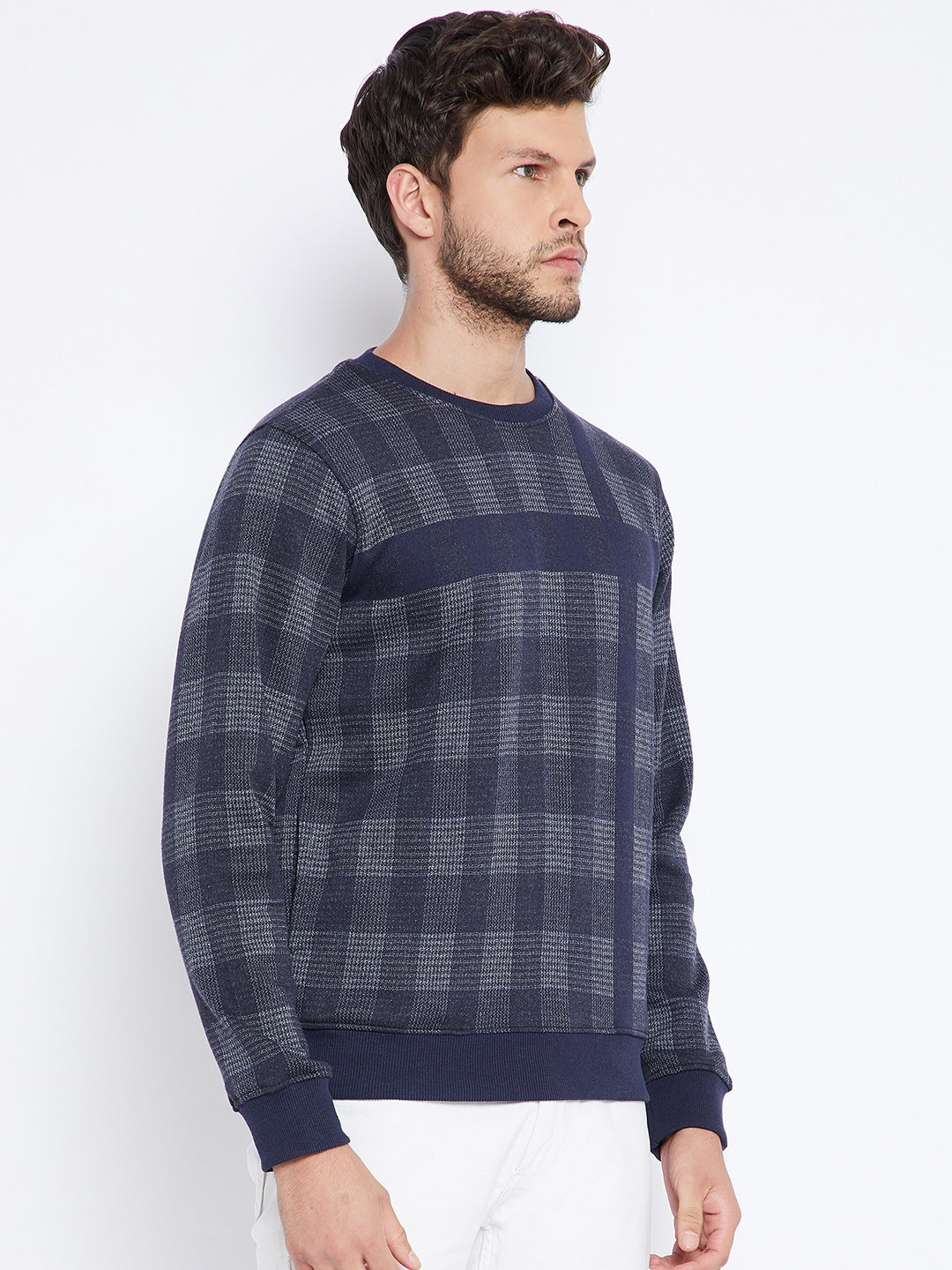 Navy Blue Checked Round Neck Sweatshirt - Men Sweatshirts
