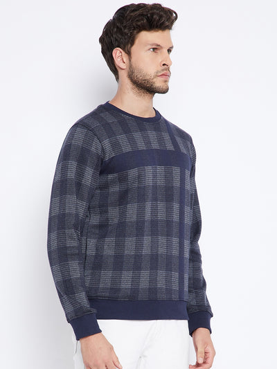 Navy Blue Checked Round Neck Sweatshirt - Men Sweatshirts