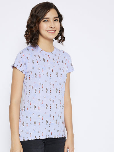 Blue Printed Round Neck T-shirt - Women T-Shirts