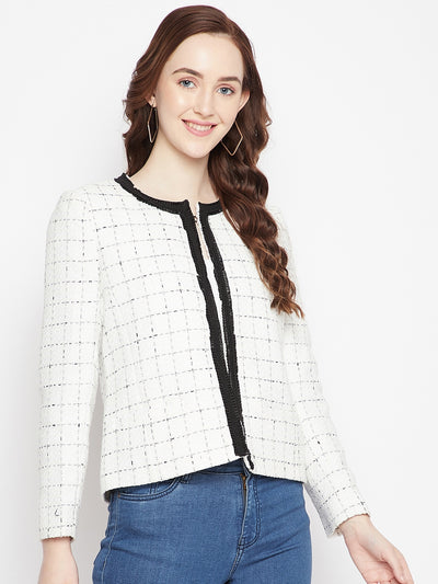 White Checked Round Neck Blazer - Women Blazer