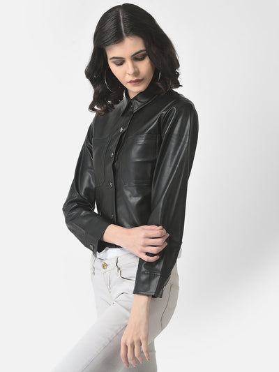  Cropped Black Faux Leather Jacket