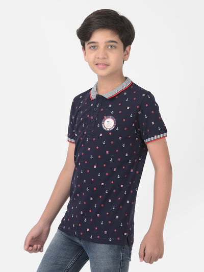 Navy Blue Printed Polo T-shirt - Boys T-Shirts