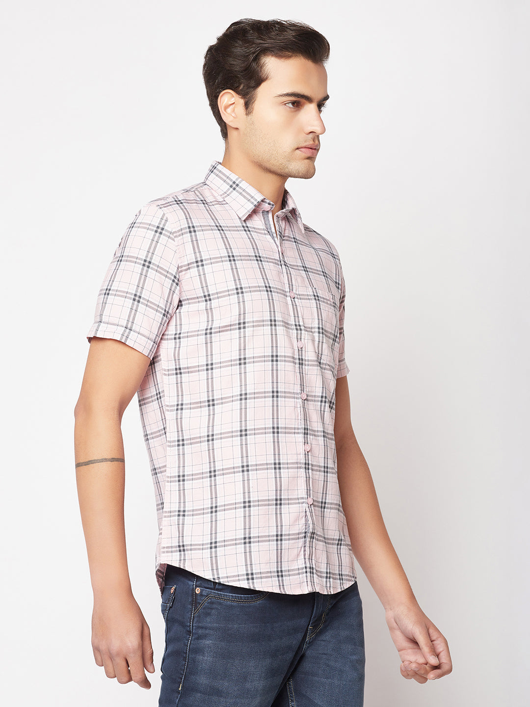  Short-Sleeved Light Pink Checked Shirt