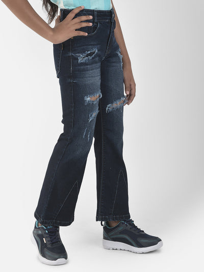  Navy Blue Distressed Boot-Cut Denim