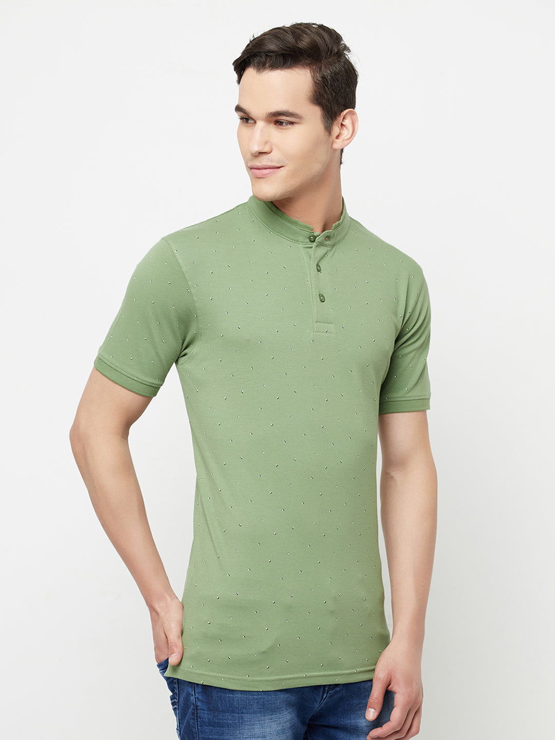 Olive Printed Mandarin Collar T-Shirt - Men T-Shirts