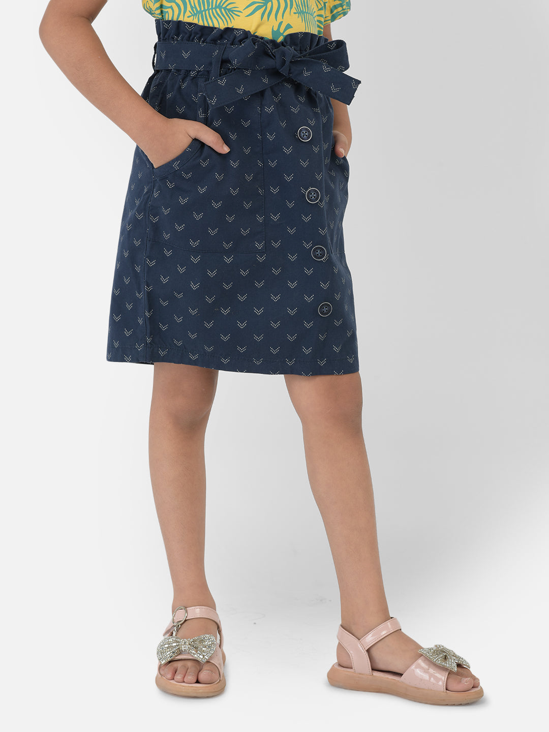 Navy Blue Printed Skirt With Belt - Girls Skirts