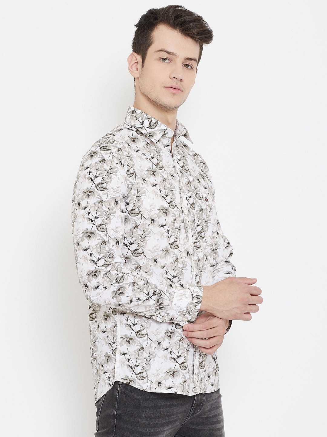 Beige Floral Spread Collar Slim Fit Shirt - Men Shirts
