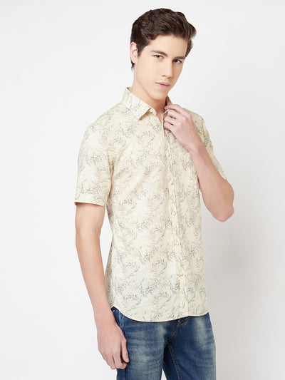 Beige Floral Linen Shirt - Men Shirts