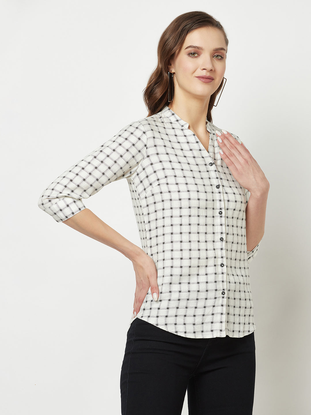 White Checkered Henley-Neck Shirt