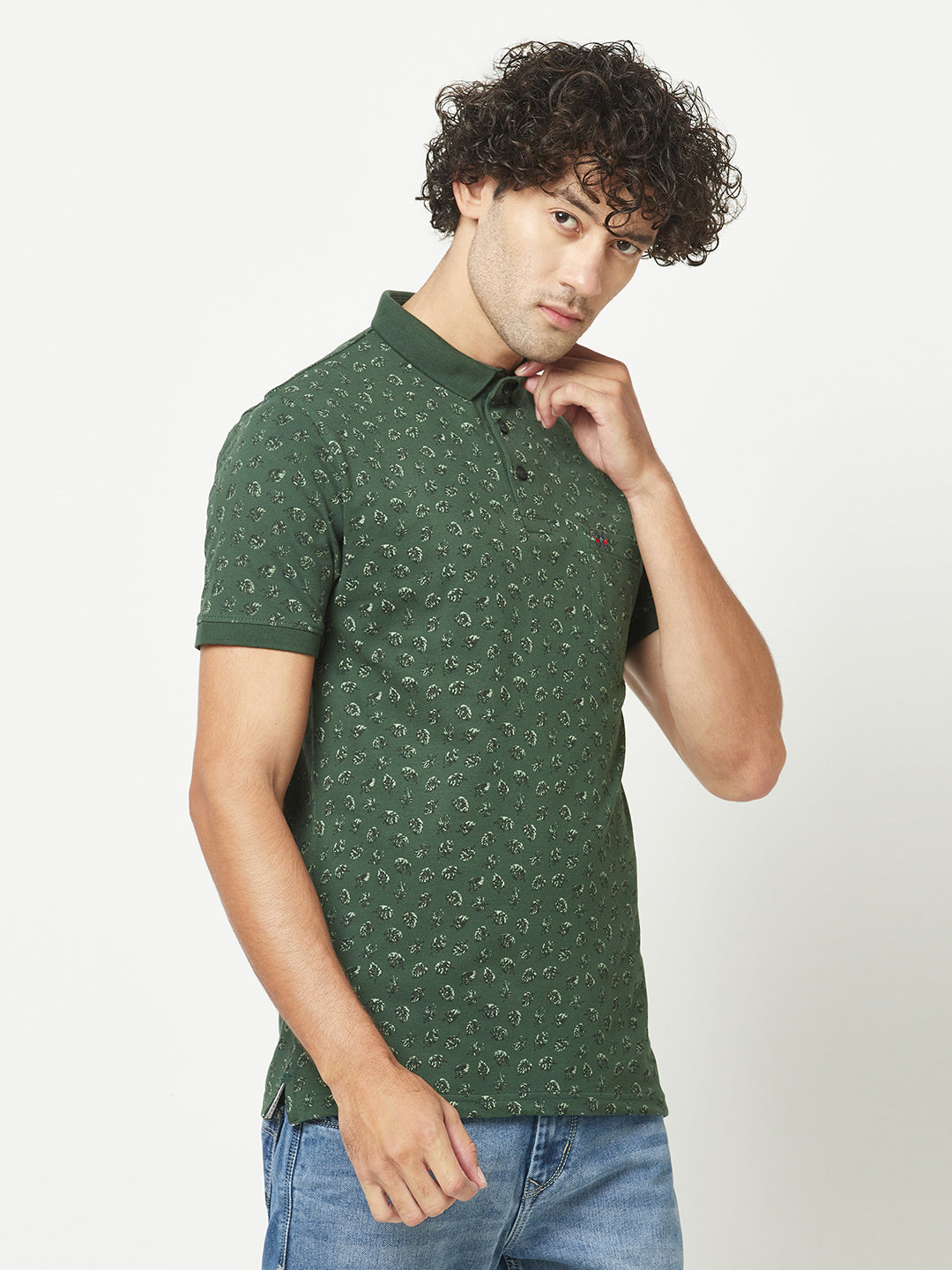  Bottle Green Floral Print Polo T-Shirt