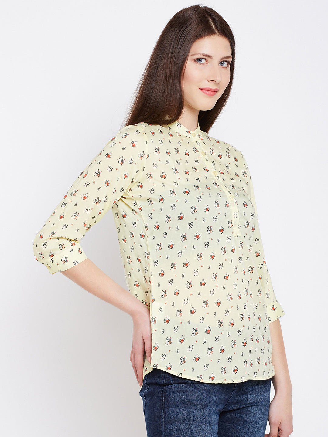 Yellow Printed Mandarin Shirt - Women Shirts