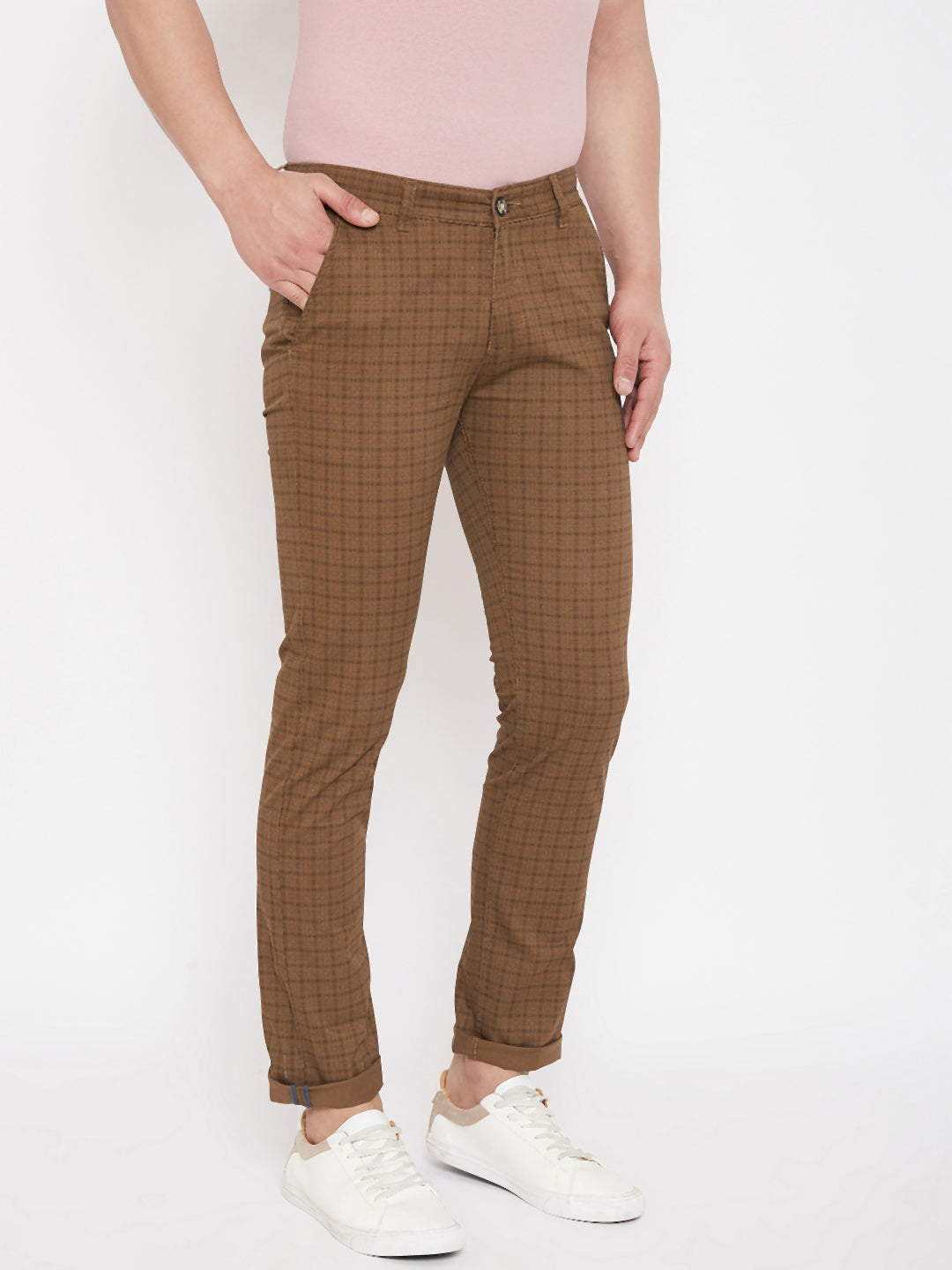 Brown Slim Fit Checked Trousers - Men Trousers