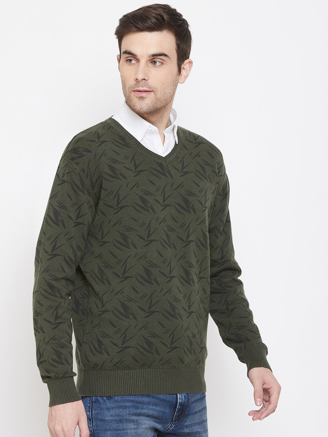 Olive Printed V-Neck Sweater - Men Sweaters