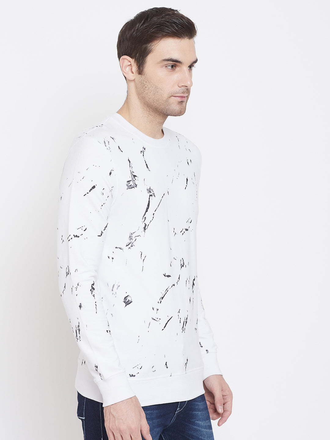 White Printed Round Neck Sweatshirt - Men Sweatshirts