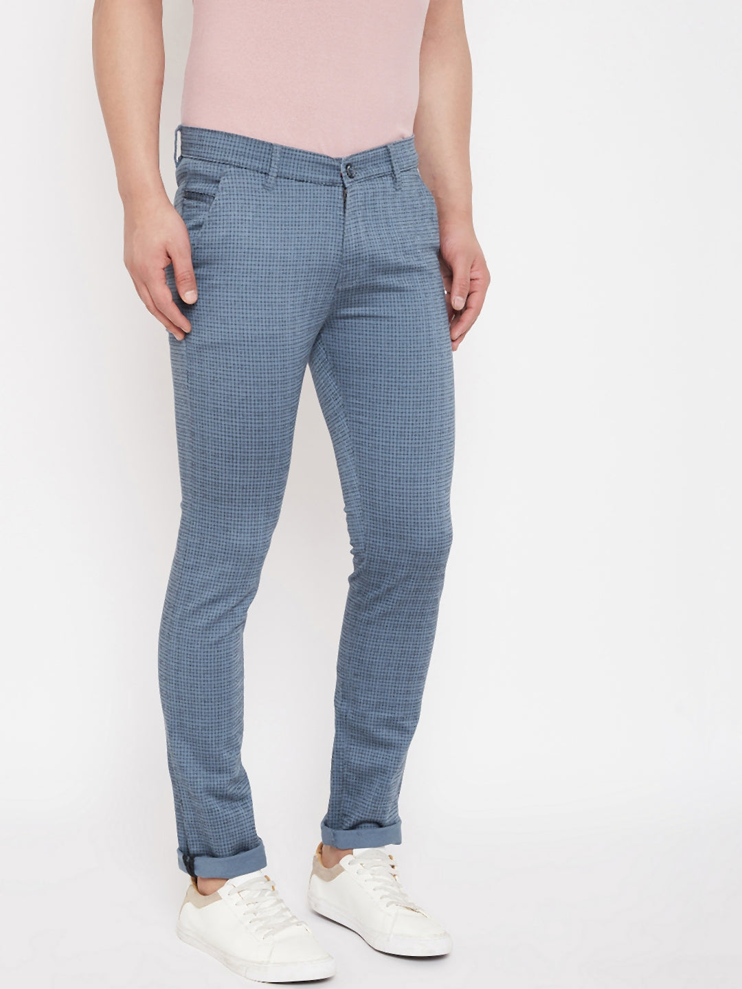 Blue Slim Fit Checked Trousers - Men Trousers