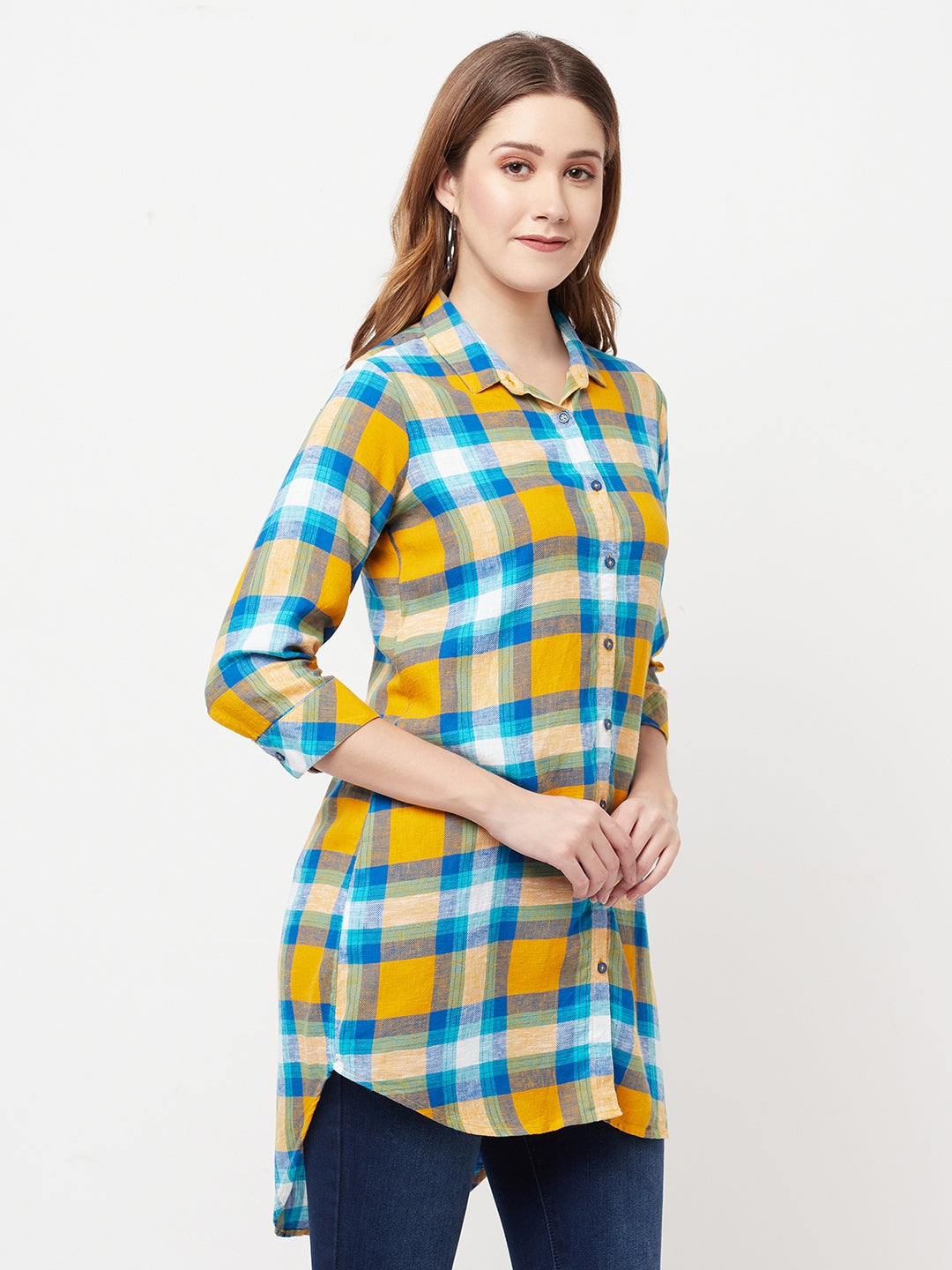Mustard Checked Longline Shirt - Women Shirts
