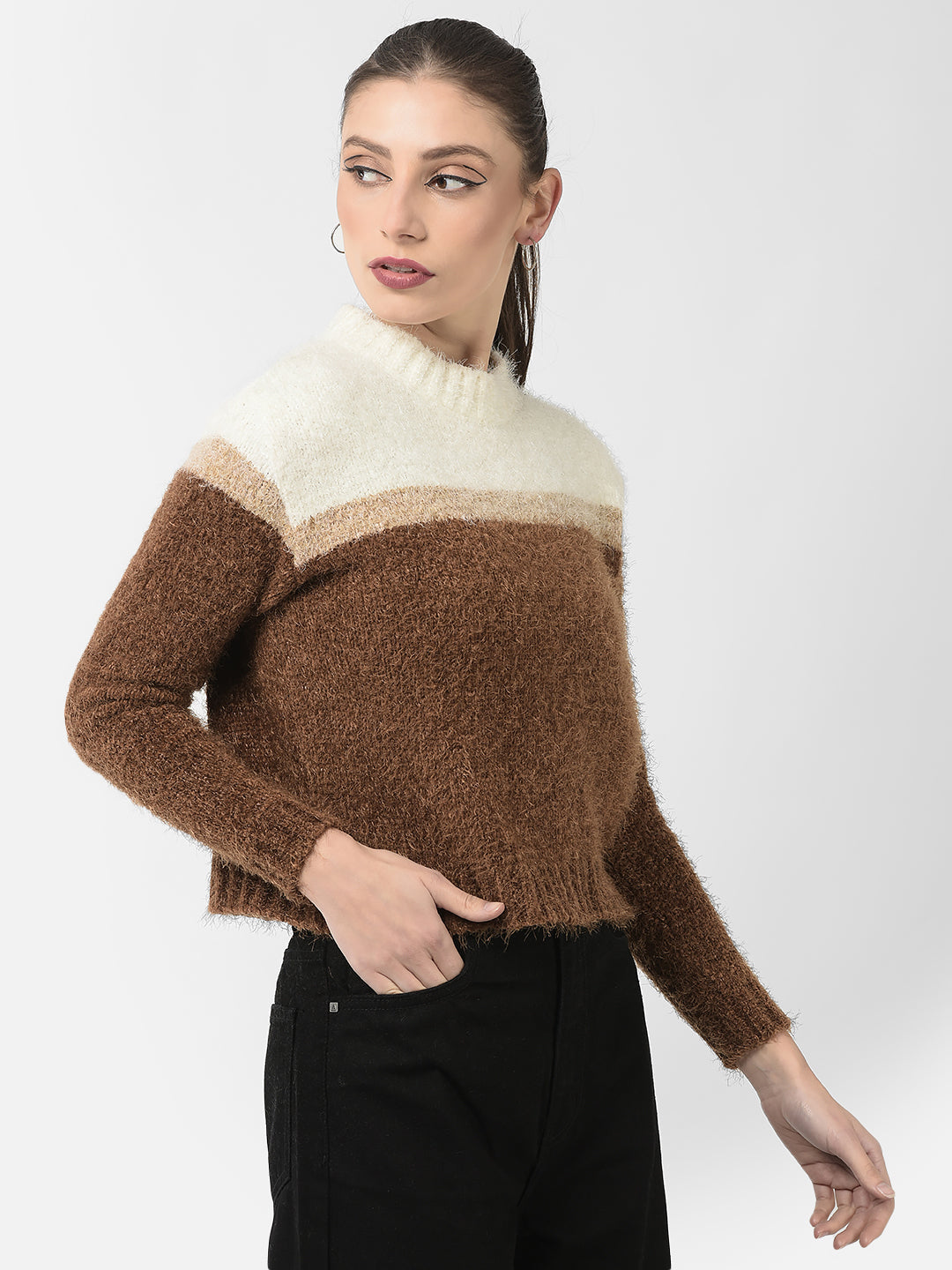  Brown Colour-Blocked Sweater 