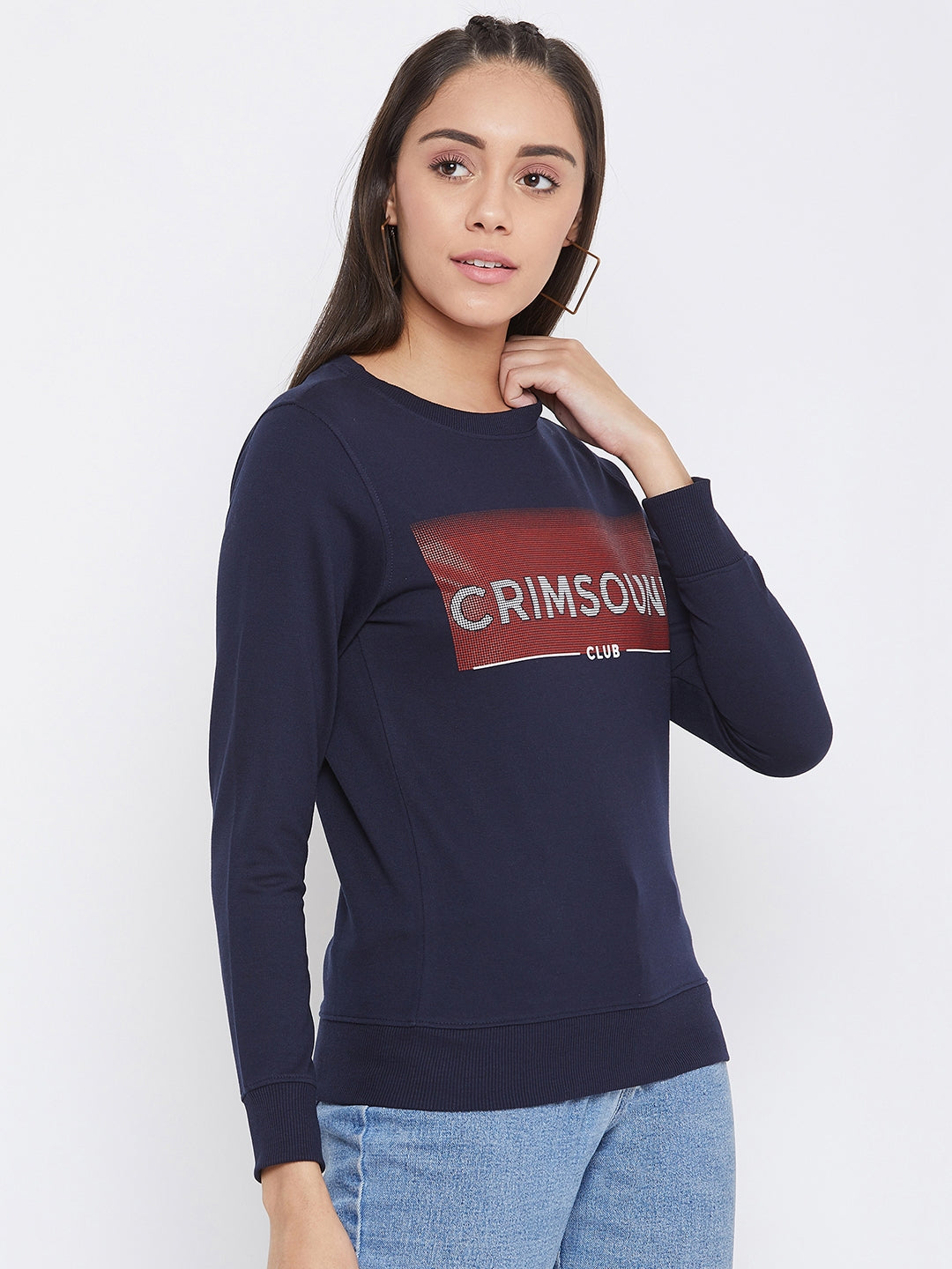 Navy Blue Printed Round Neck Sweatshirt - Women Sweatshirts