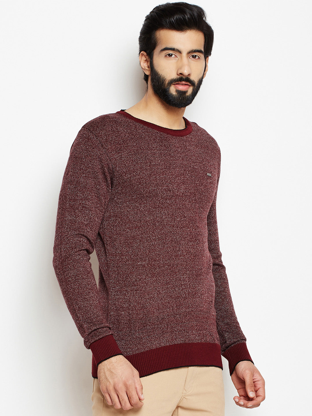 Maroon Solid Round Neck Sweaters-Men Sweaters-Crimsoune Club